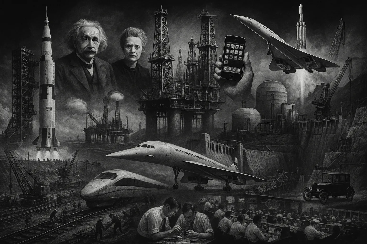 Collage of technological innovations and human achievement