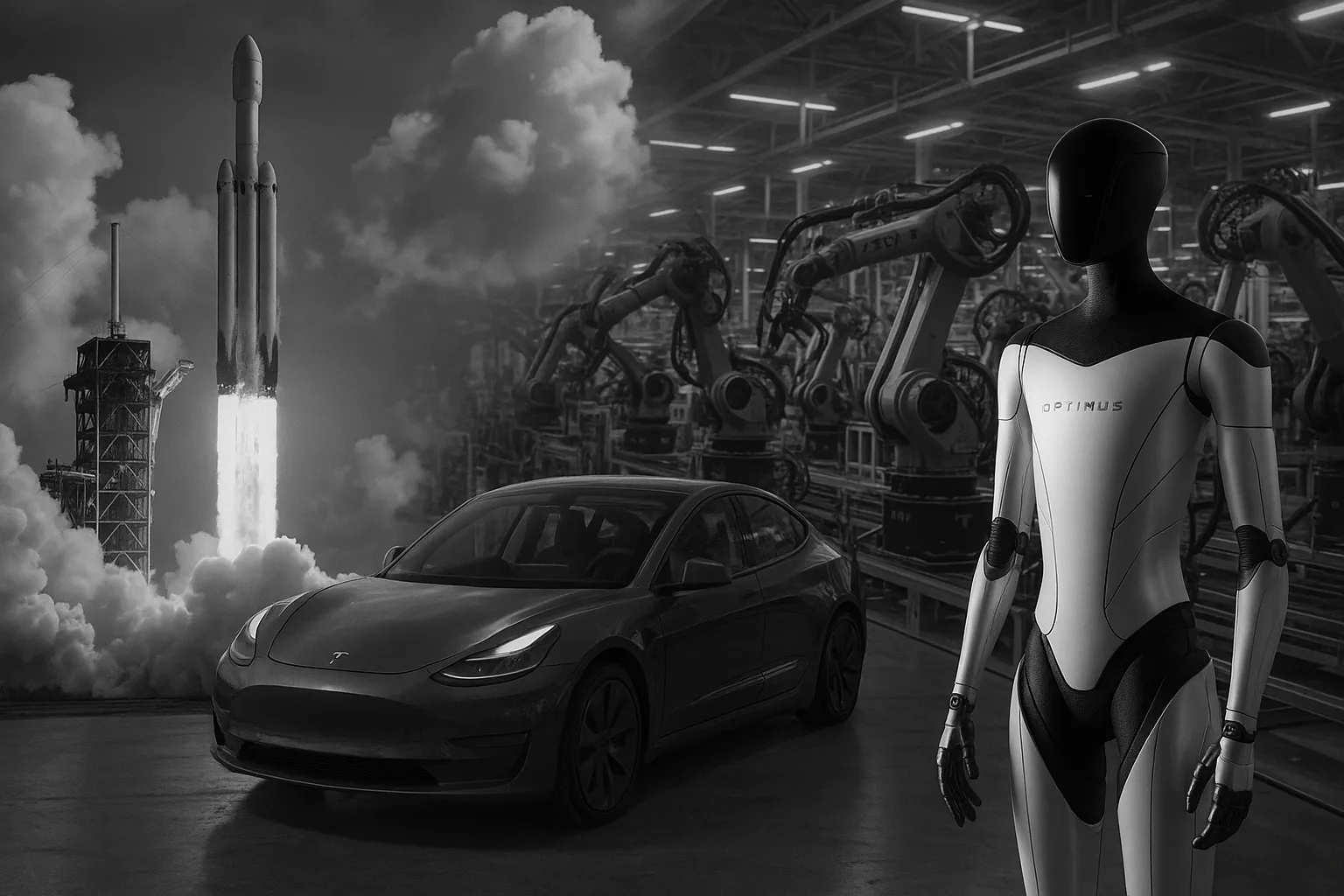 SpaceX launch and Tesla factory with robots